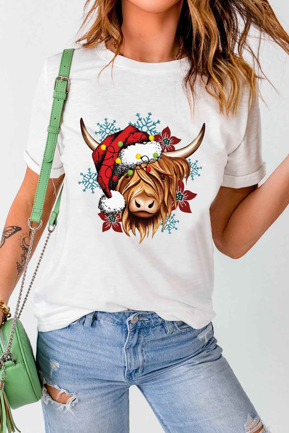 White Christmas Highland Ox Snowflake Print Womens T Shirt b6ba477466e96f72