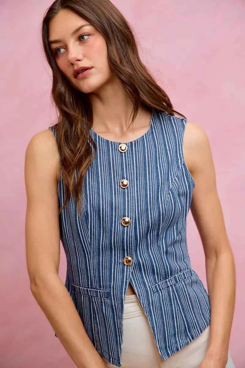 SO ME Stripe Slim Fit Button Front Denim Vest Top b6c54e59ff6d45caaa4c6d8910f89945-Max-Origin