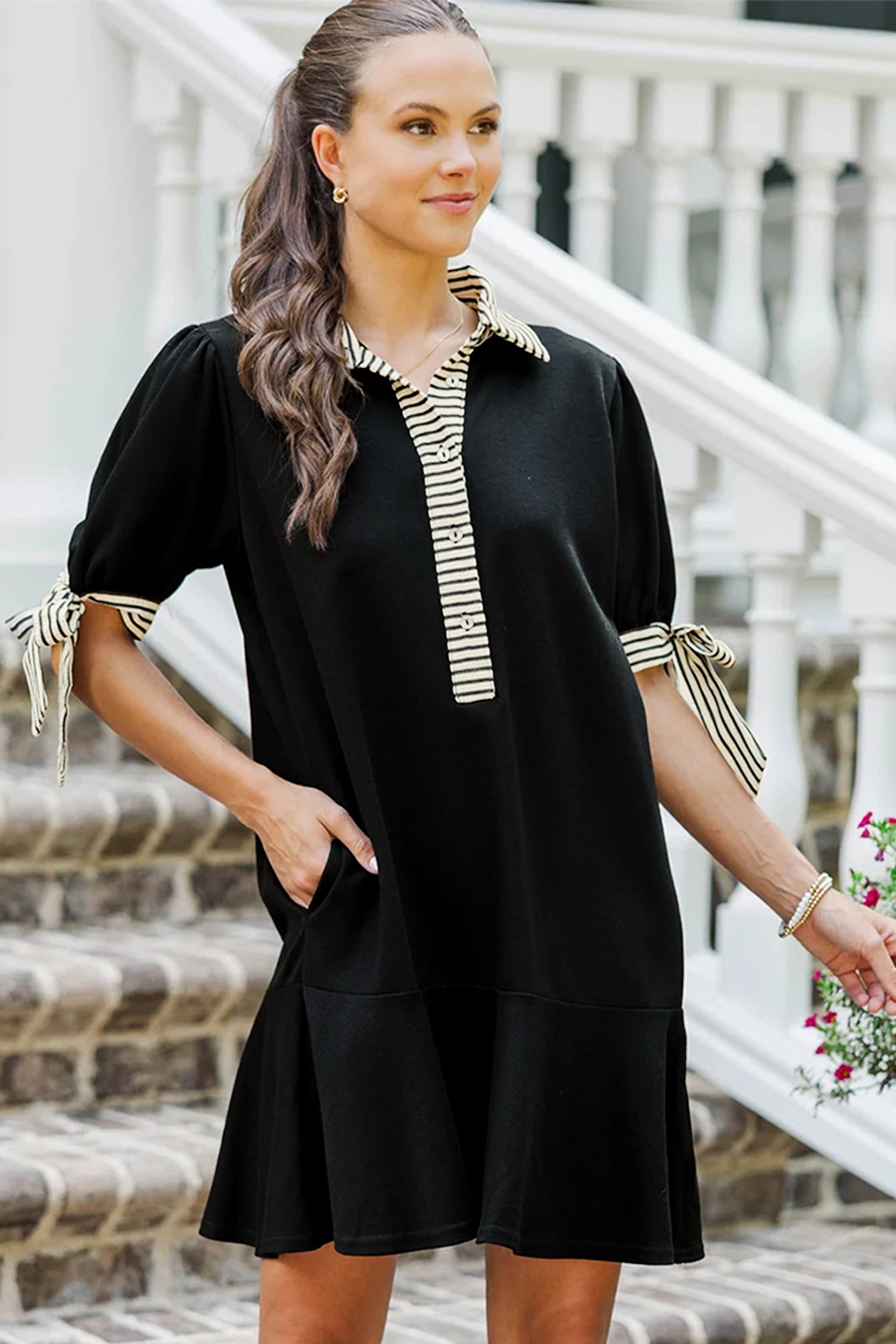Black Stripe Detail Polo Collar Half Buttons Tied Short Sleeve Shift Mini Dress b6c6e07effa26809