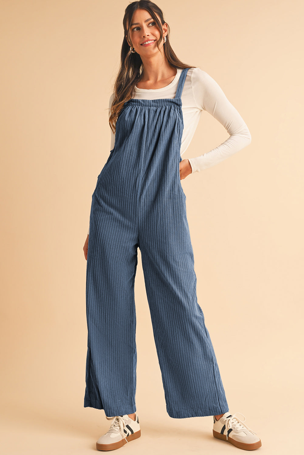 Jungle Green Plain Pocketed Loose Fit Corduroy Overalls Real Teal 100%Polyester b6c84f051f49dcb4