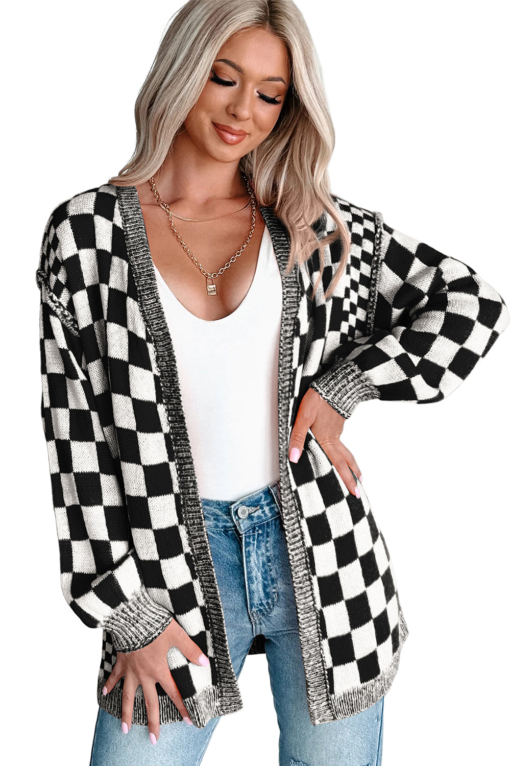 Orange Checkered Open Front Drop Shoulder Cardigan b6c861fe1d3f57ba