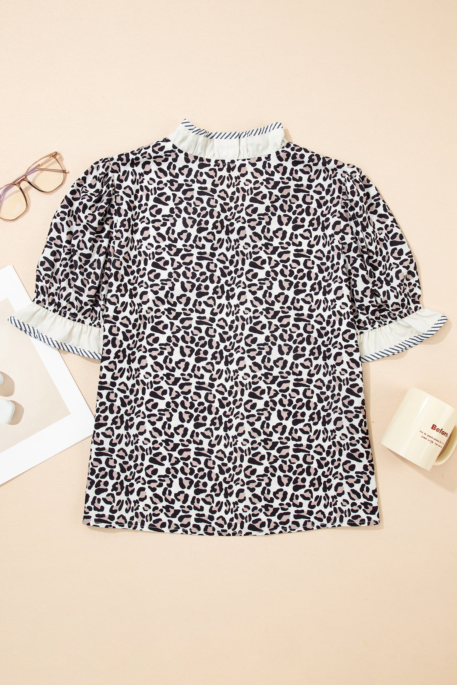 Black Leopard Print Striped Ruffled Color Block Trim V Neck Short Sleeve Blouse b6d1615d5450bac9