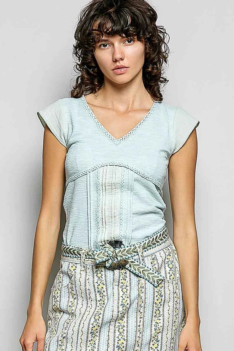 POL V-Neck Lightweight Textured Short Sleeve Knit Top with Lace Trim b6d27585-ffb0-490d-b607-adad497a0224-Max-Origin