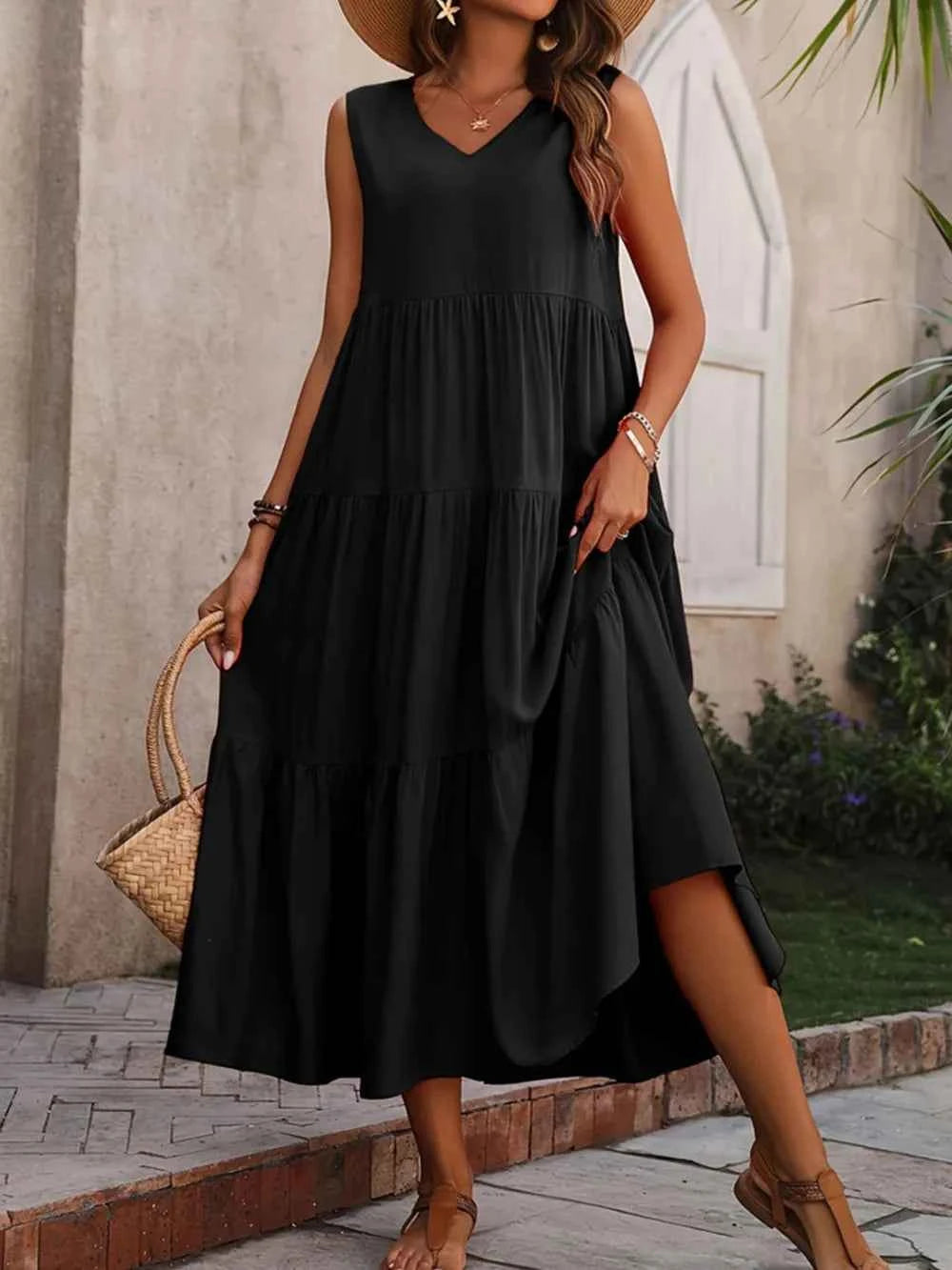 Tiered V-Neck Sleeveless Dress Black b6d312d0-7a2e-4b7d-9eed-7a7c3e1e708d-Max