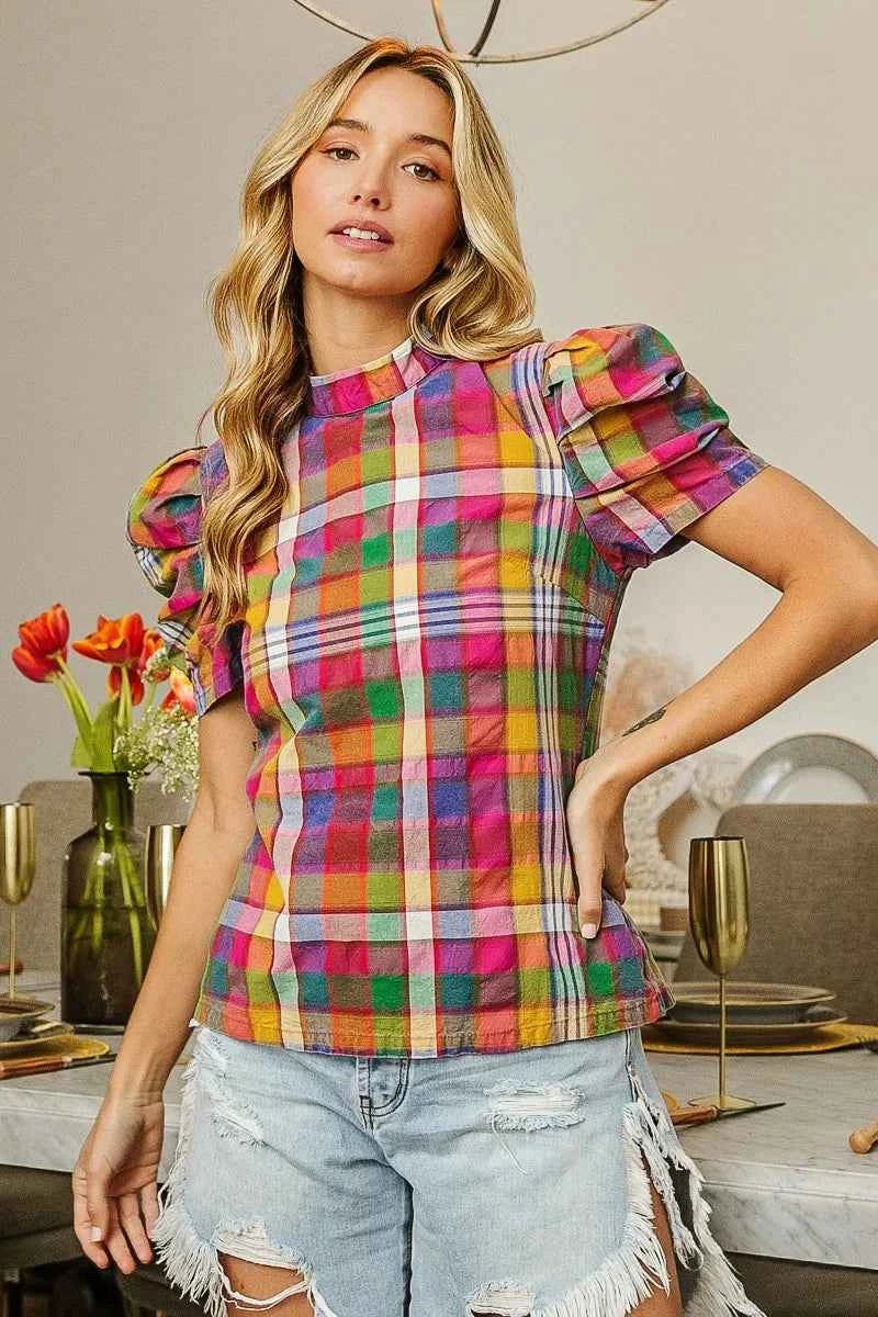 BiBi Short Puff Sleeve Washed Vintage Plaid Top b6d3673641e04405995feadf24967de8-Max-Origin