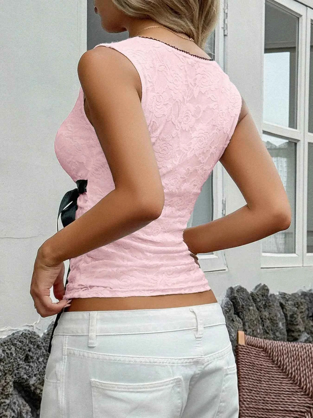 Lace Surplice Ribbon Tie Tank