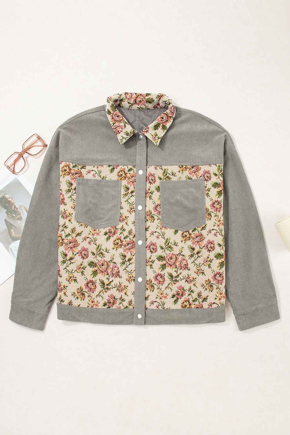 Medium Grey Corduroy Floral Patchwork Vintage Jacket b6dba1924d605197