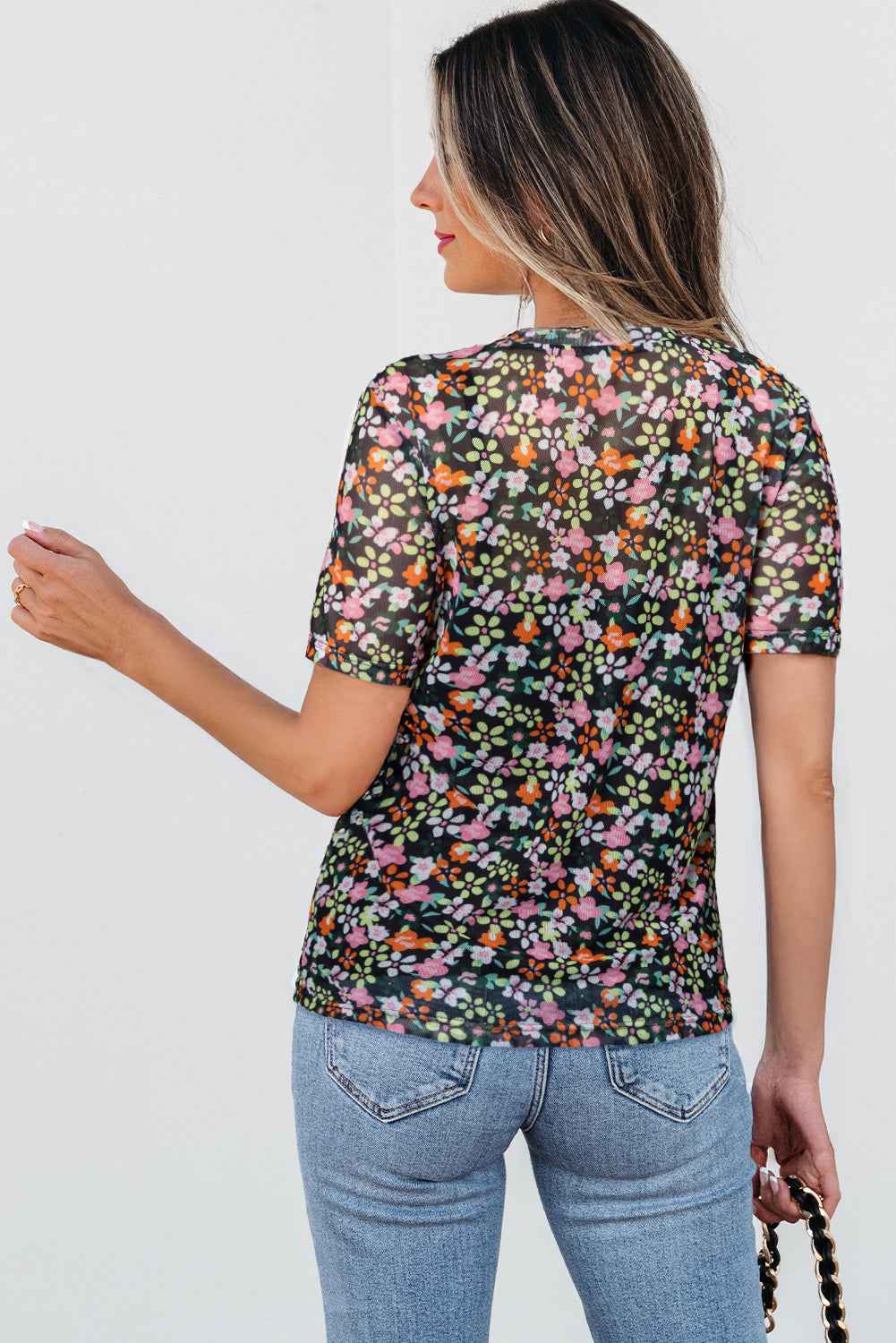 Black Sheer Mesh Floral Round Neck T Shirt with Camisole b6ddd8e4ba409c10