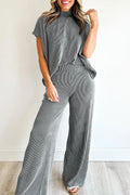 Dark Grey Twisted Ribbed High Neck Loose Tee Elastic High Waist Loose Pant Set Dark Grey 75%Polyester+20%Viscose+5%Elastane b6e5c896f041ce03