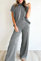 Dark Grey Twisted Ribbed High Neck Loose Tee Elastic High Waist Loose Pant Set Dark Grey 75%Polyester+20%Viscose+5%Elastane b6e5c896f041ce03