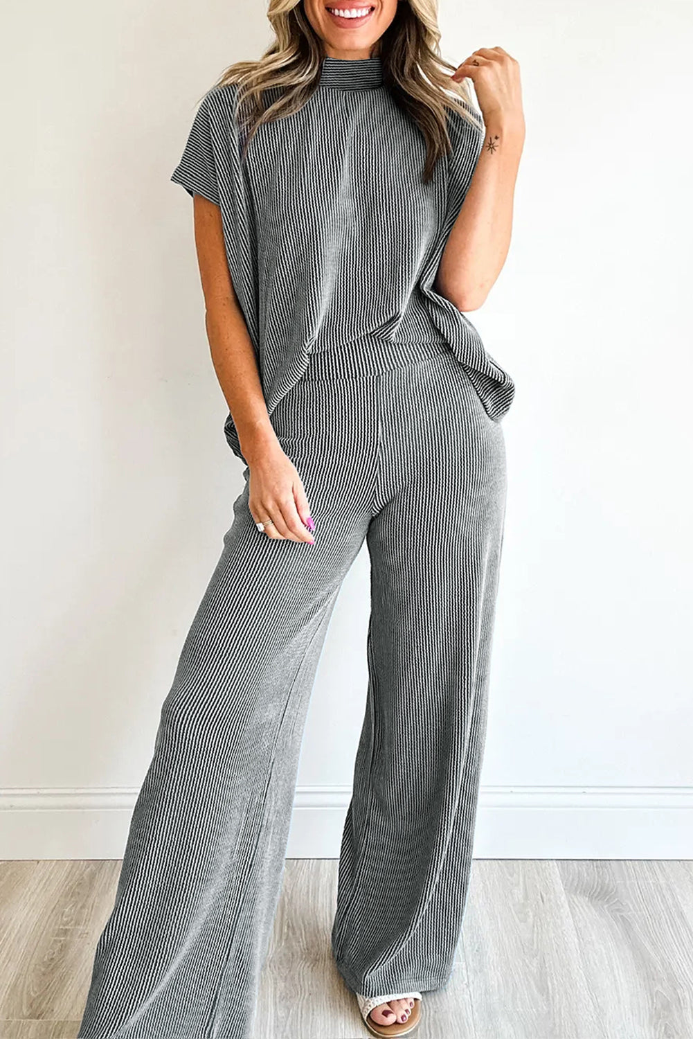 Dark Grey Twisted Ribbed High Neck Loose Tee Elastic High Waist Loose Pant Set Dark Grey 75%Polyester+20%Viscose+5%Elastane b6e5c896f041ce03