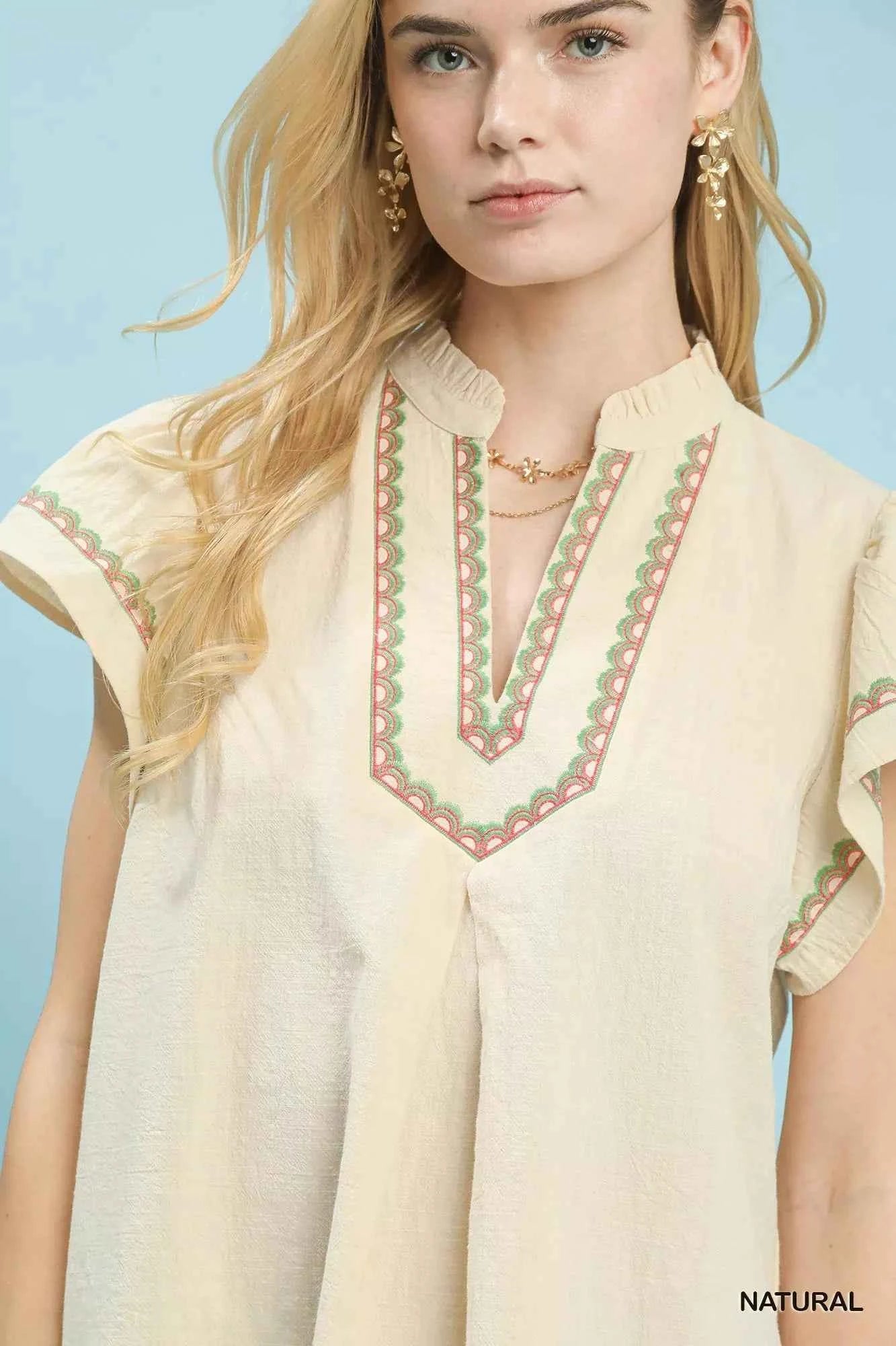 Umgee Embroidered Flutter Sleeve Blouse b6e7cf84-ff62-40ec-beee-4080d1ecaa6c-Max-Origin