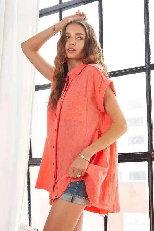 ADORA Raw Hem Collared Neck Button Down Shirt b6e8f699-62b5-41bd-822e-e93bccaaf64d-Max