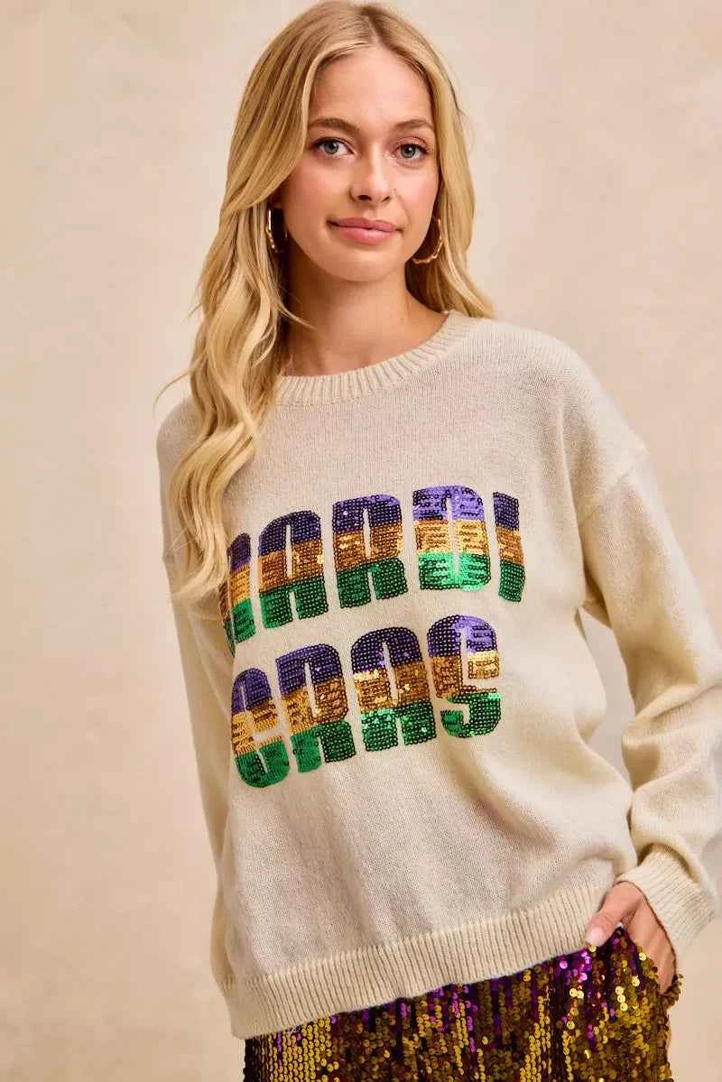 BiBi Mardi Gras Sequin Lattering Knit Top b6ec17b596b645eb89d3a877d94660d7-Max-Origin