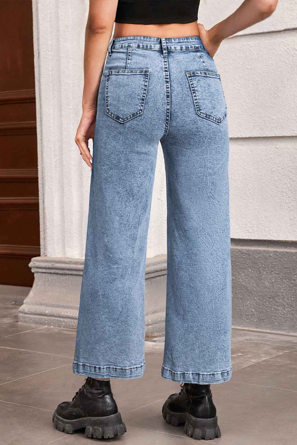Sky Blue Chic Patch Pocket Straight Leg Loose Jeans b6ed130b29619da7