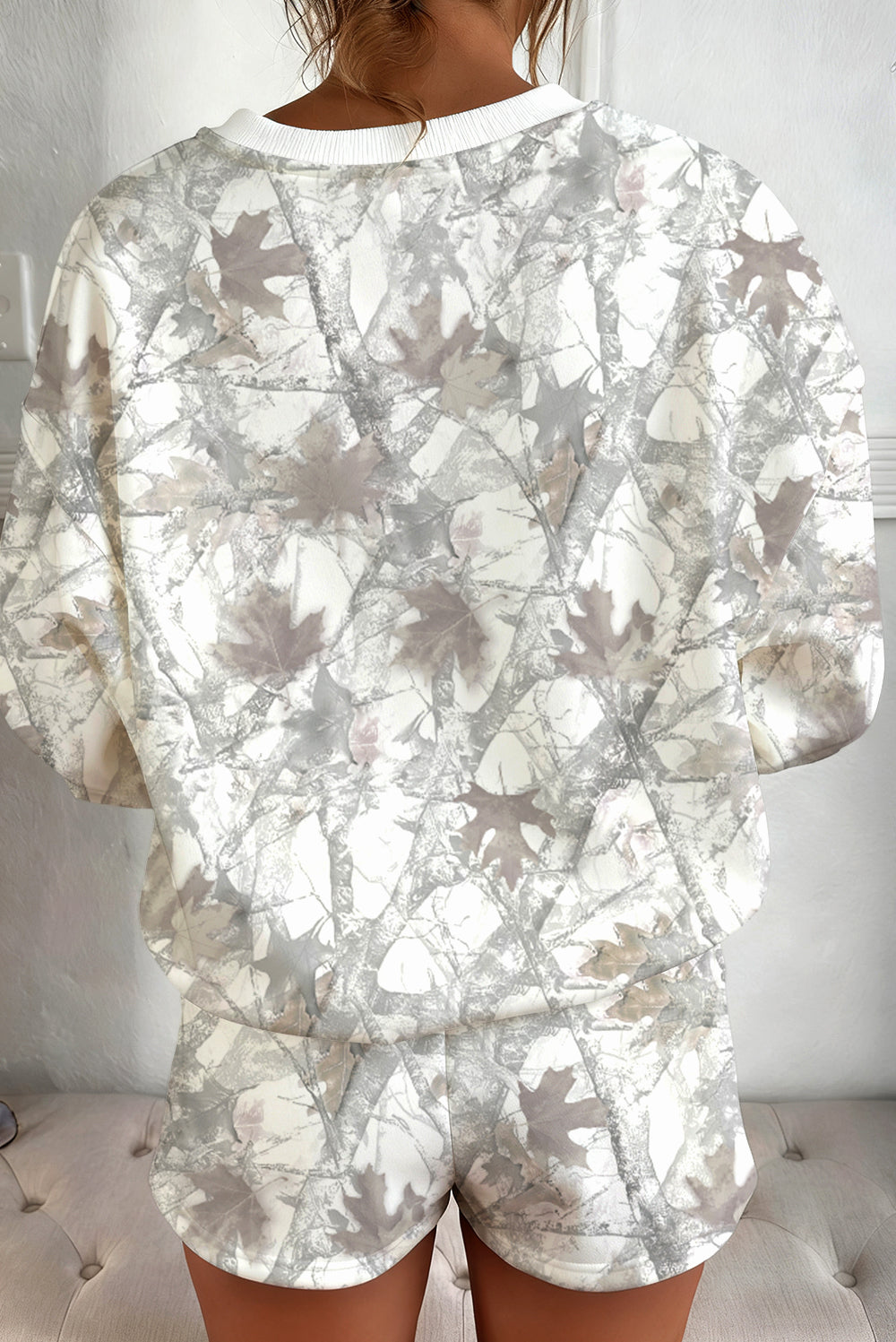 Brown Camouflage Print Round Neck Drop Sleeve Shorts Set b6ef4332acb29008