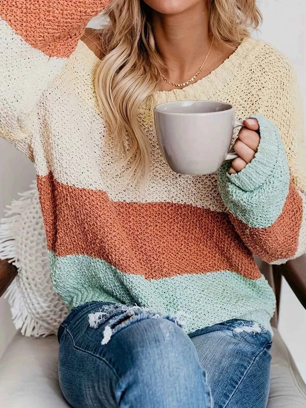 Color Block Round Neck Long Sleeve Sweater Multicolor b6f34ad7-e1ea-4180-9fe5-a6f89fa173fd-Max