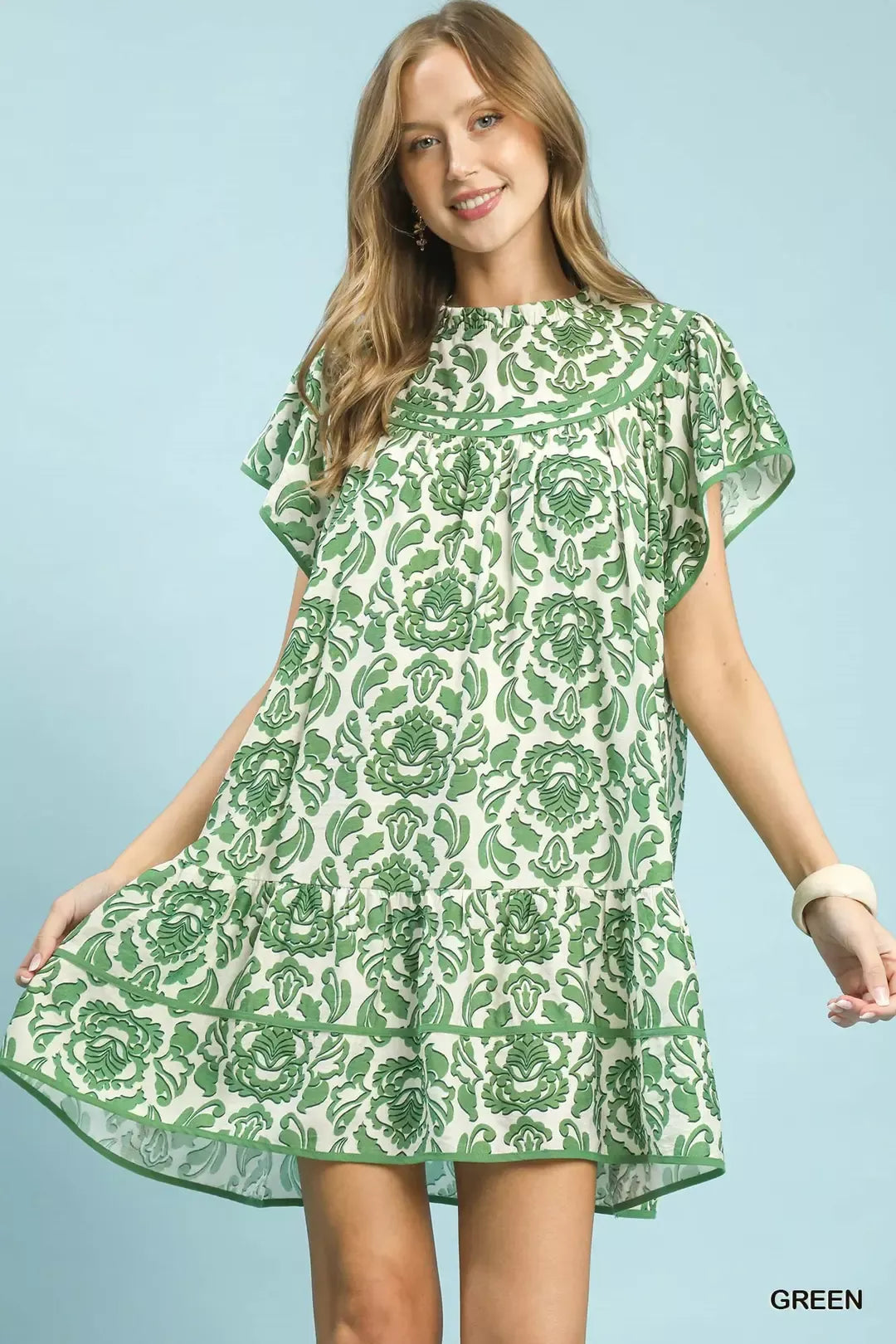 Umgee Abstract Print Babydoll Mini Dress GREEN b6f534a9-ea99-49ba-9c1c-9317e000694f-Max-Origin