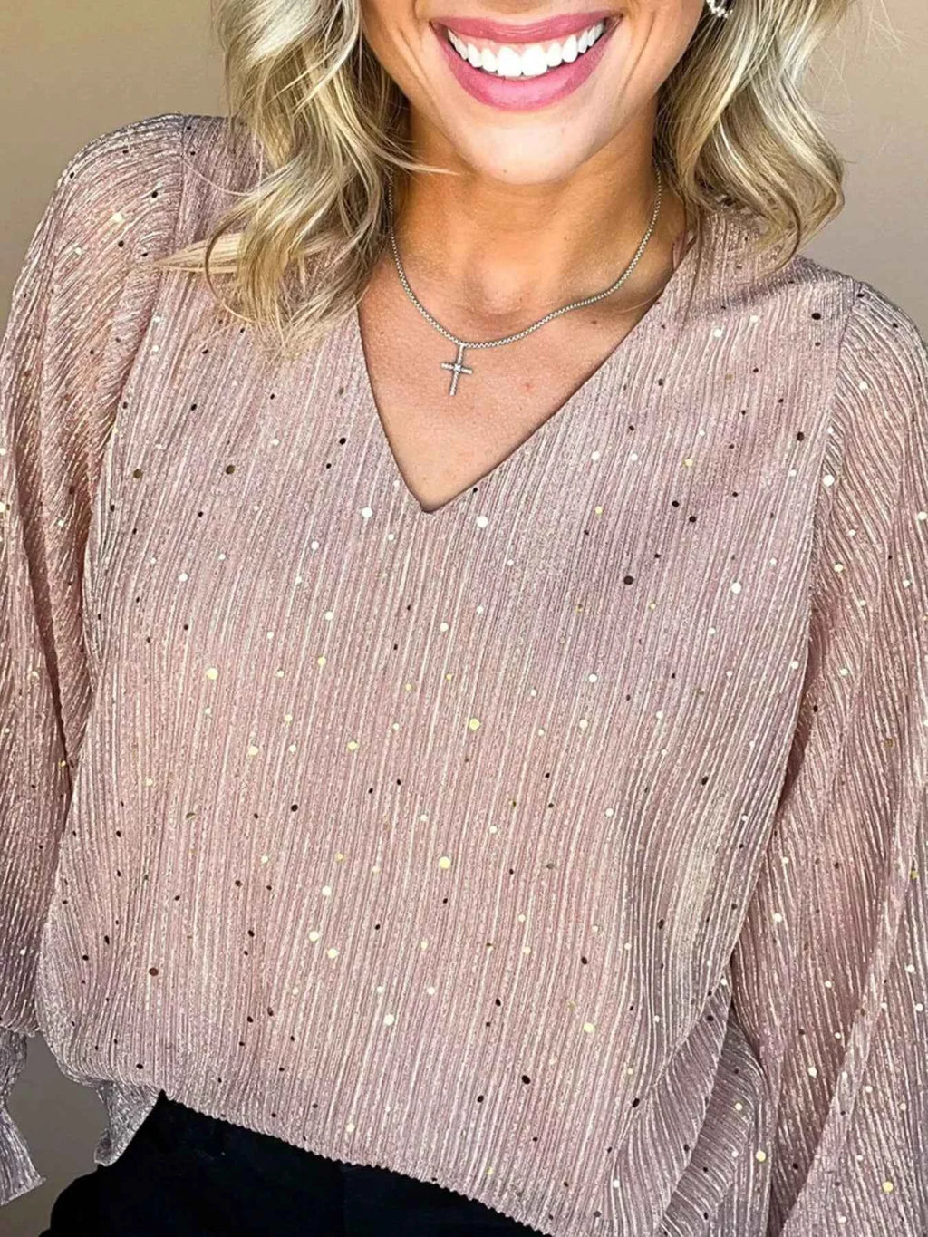 Sequin V-Neck Flounce Sleeve Blouse b6f6838c-195d-451c-93f6-2032df0f9252-Max-Origin