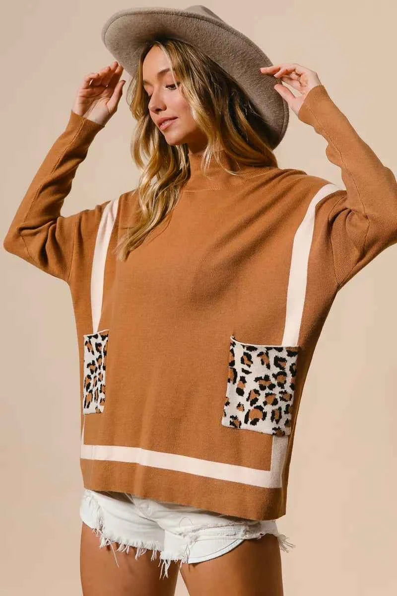 BiBi Mock Neck Sweater with Leopard Pocket b6f9878c782a479c9217a0552a339989-Max-Origin