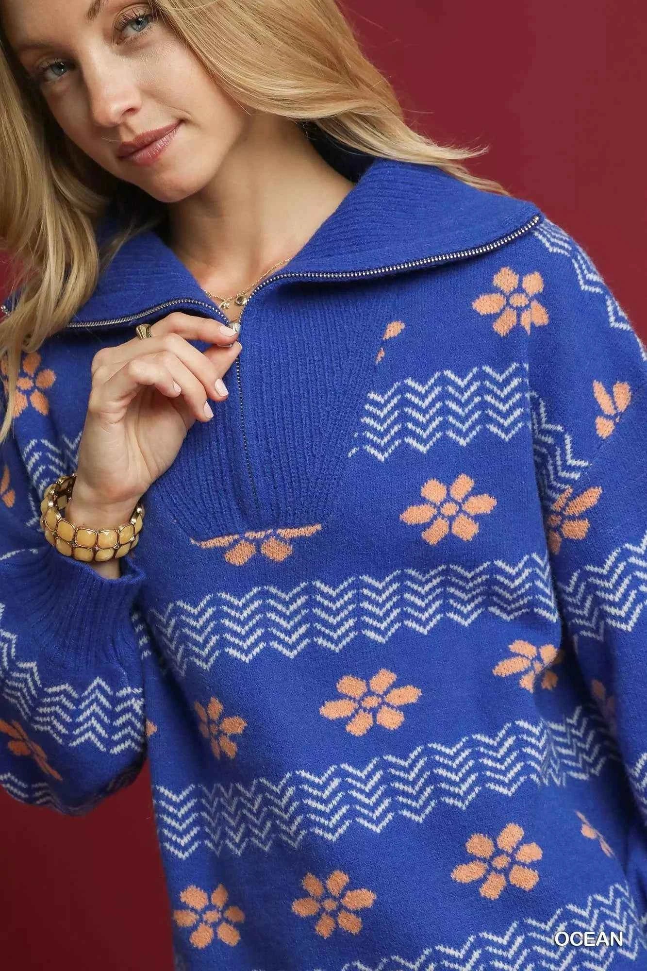 Umgee Floral Patterned Jacquard Quarter-Zip Pullover Sweater b6fd5820-4cd1-4cf4-acc7-c8b9b56e3434-Max-Origin