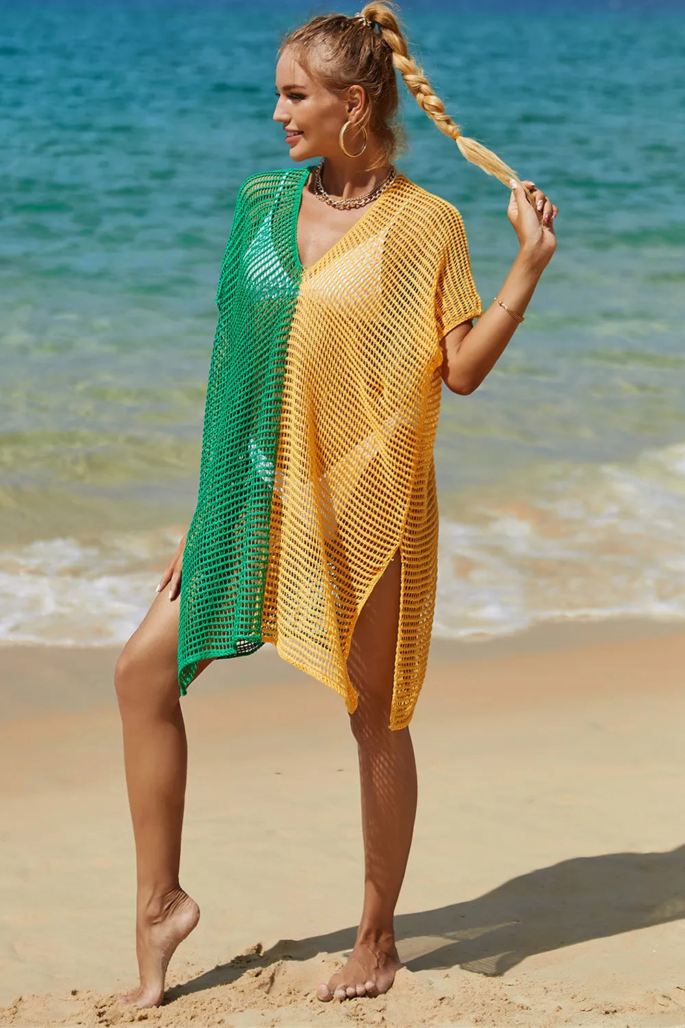 Angel Wings Openwork Contrast Slit Knit Cover Up b7026a2d-1a32-4777-ace5-19556ac6f2e0-Max