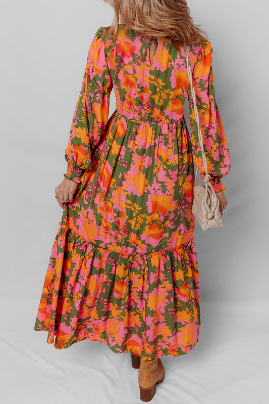 Orange Floral Puff Sleeve Smocked Bodice Frill Tiered Dress b702727aa747858d