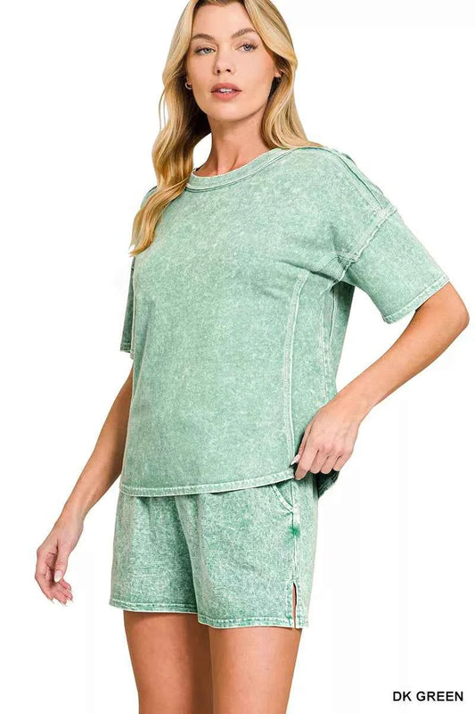 Zenana Halo Snow Washed Short Sleeve Tee and Shorts Set b7056707-9ca4-411a-944d-110dfc1c9181-Max-Origin