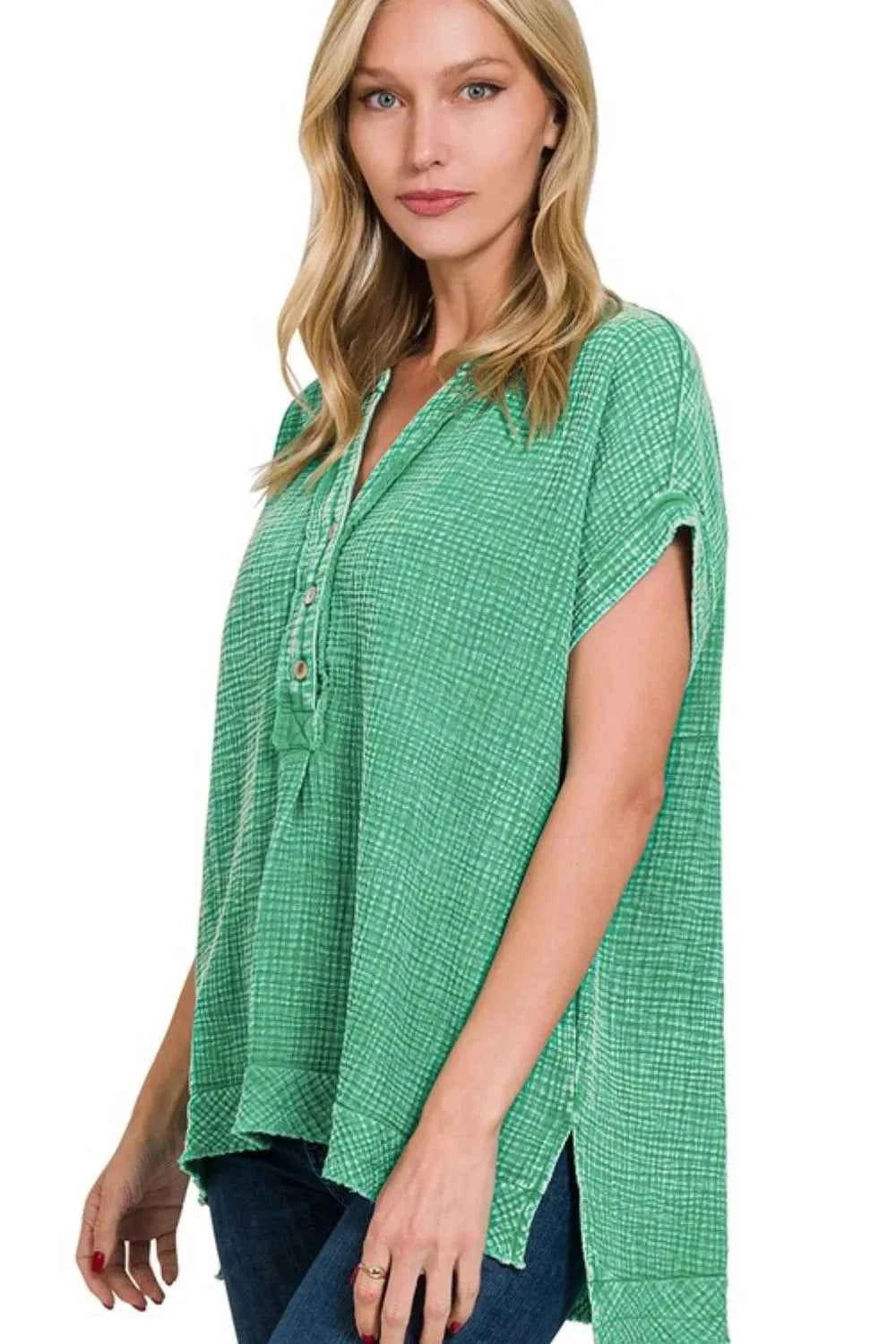 Zenana Washed Double Gauze 3/4 Button Henley Neck Shirt K GREEN b705e391-c755-4479-9b96-610f1c6924e8-Max-Origin