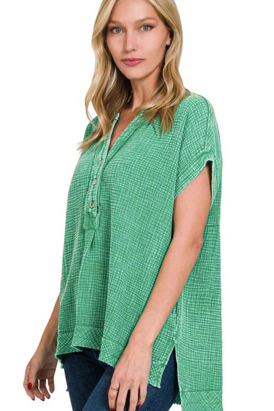 Washed Double Gauze 3/4 Button Henley Neck Shirt K GREEN b705e391-c755-4479-9b96-610f1c6924e8-Max-Origin