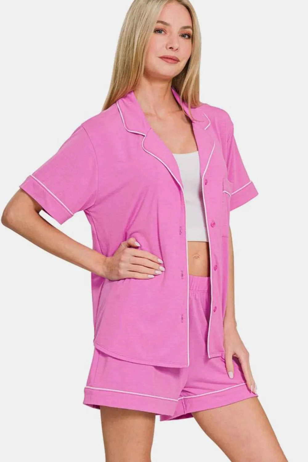 Zenana Button Down Short Sleeve Top and Shorts Lounge Set b70b4f98-04a4-4144-8c8b-0665105346f1-Max