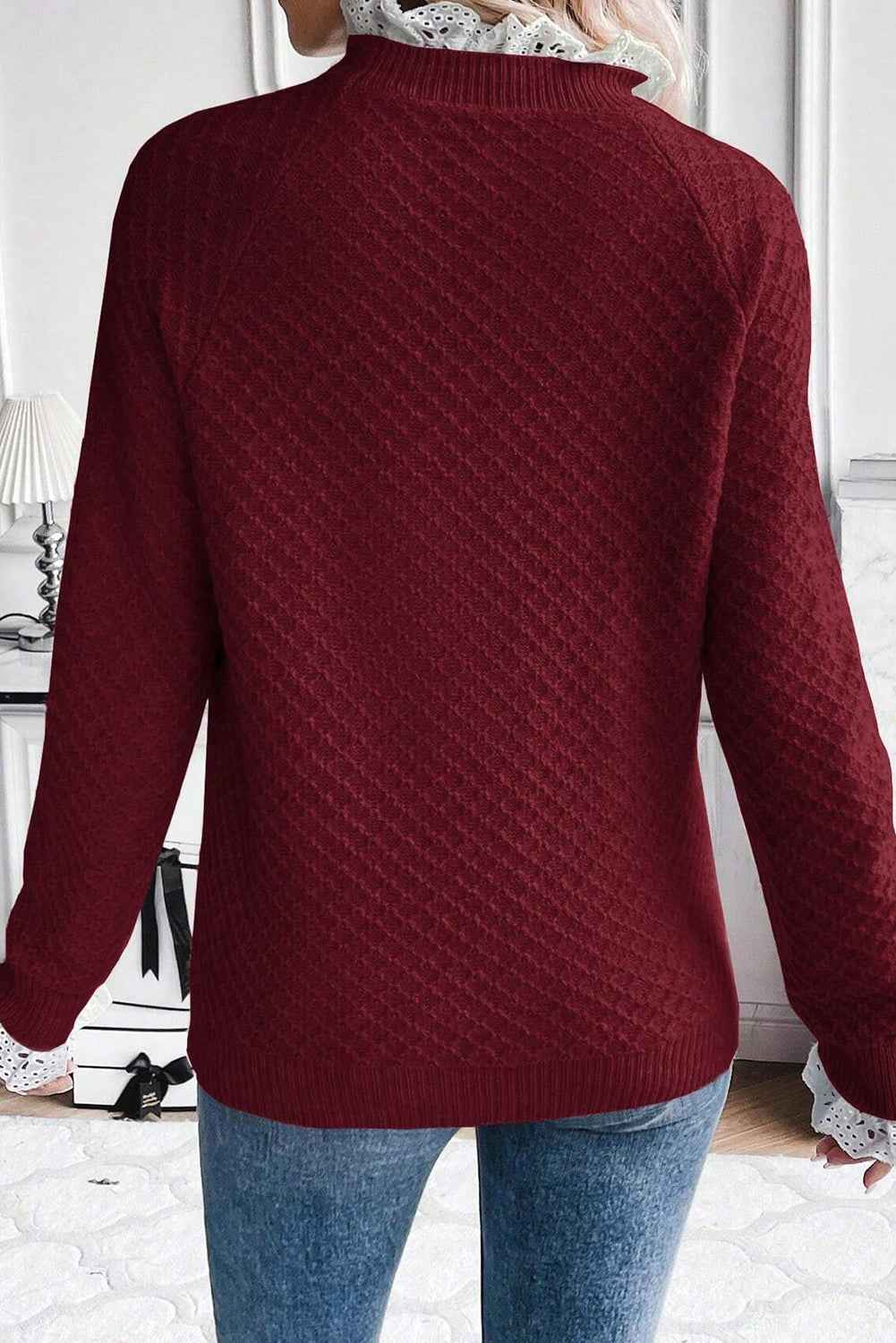 Burgundy Contrast Lace Frill Trim Raglan Sleeve Sweater b70daf521e5ea4ae
