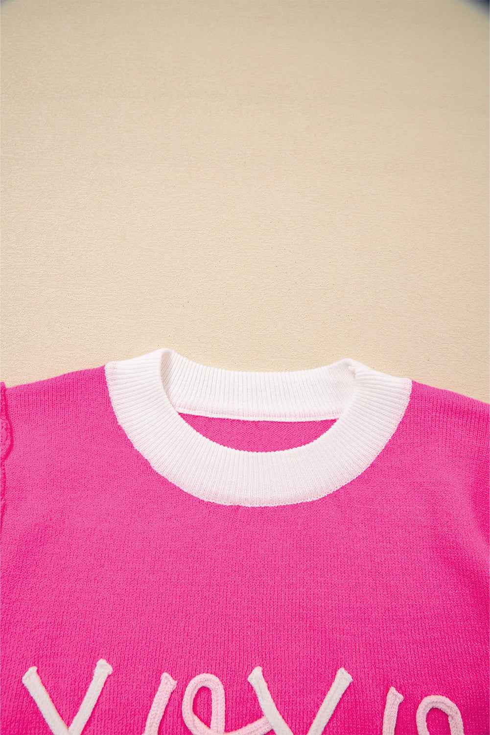 Bright Pink XOXO Embroidered Graphic Valentines Contrast Trim Crew Neck Short Puff Sleeve Sweater Tee b70e821761defce6