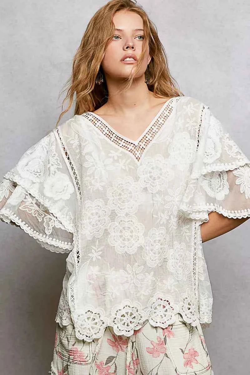 POL Floral Crochet V-Neck Short Sleeve Blouse with Scalloped Hem OFFWHITE One Size b712542b-524a-4d37-bcb6-239c26913871-Max-Origin