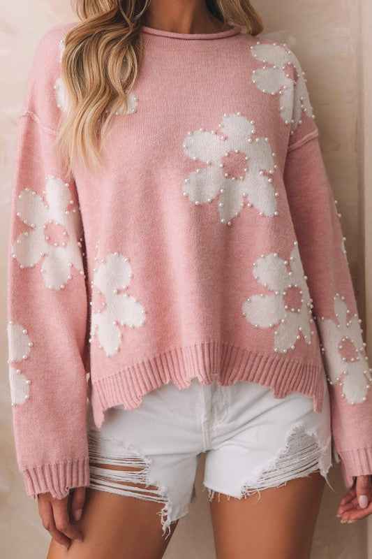 Valentine Heart and Floral Pearl Beaded Sweater b7133219-ccdd-4450-93e4-a4f3e3f933e0