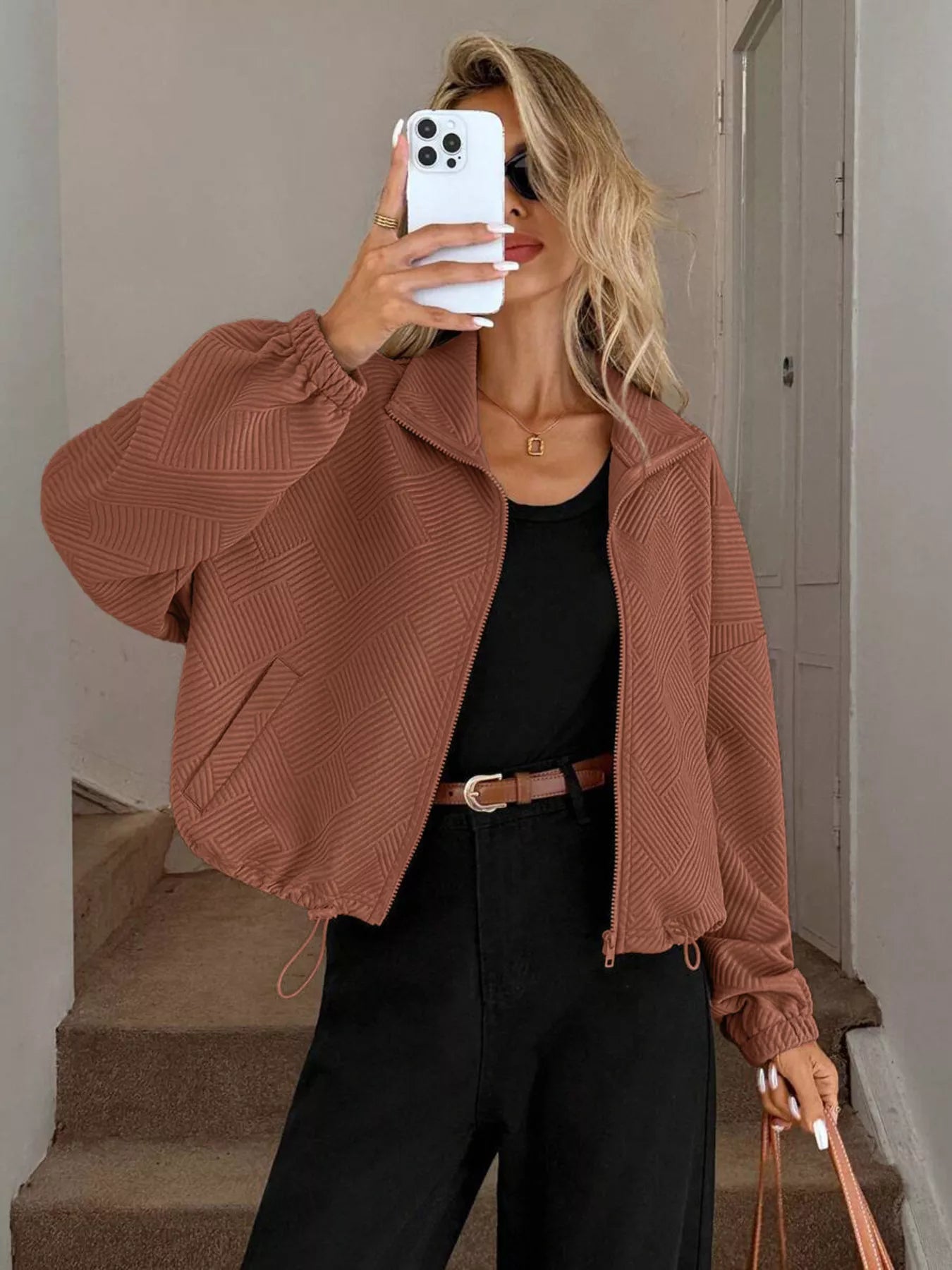 Drawstring Hem Textured Long Sleeve Jacket Caramel b71da272264a4080b6f55c1289c0da1b-Max-Origin