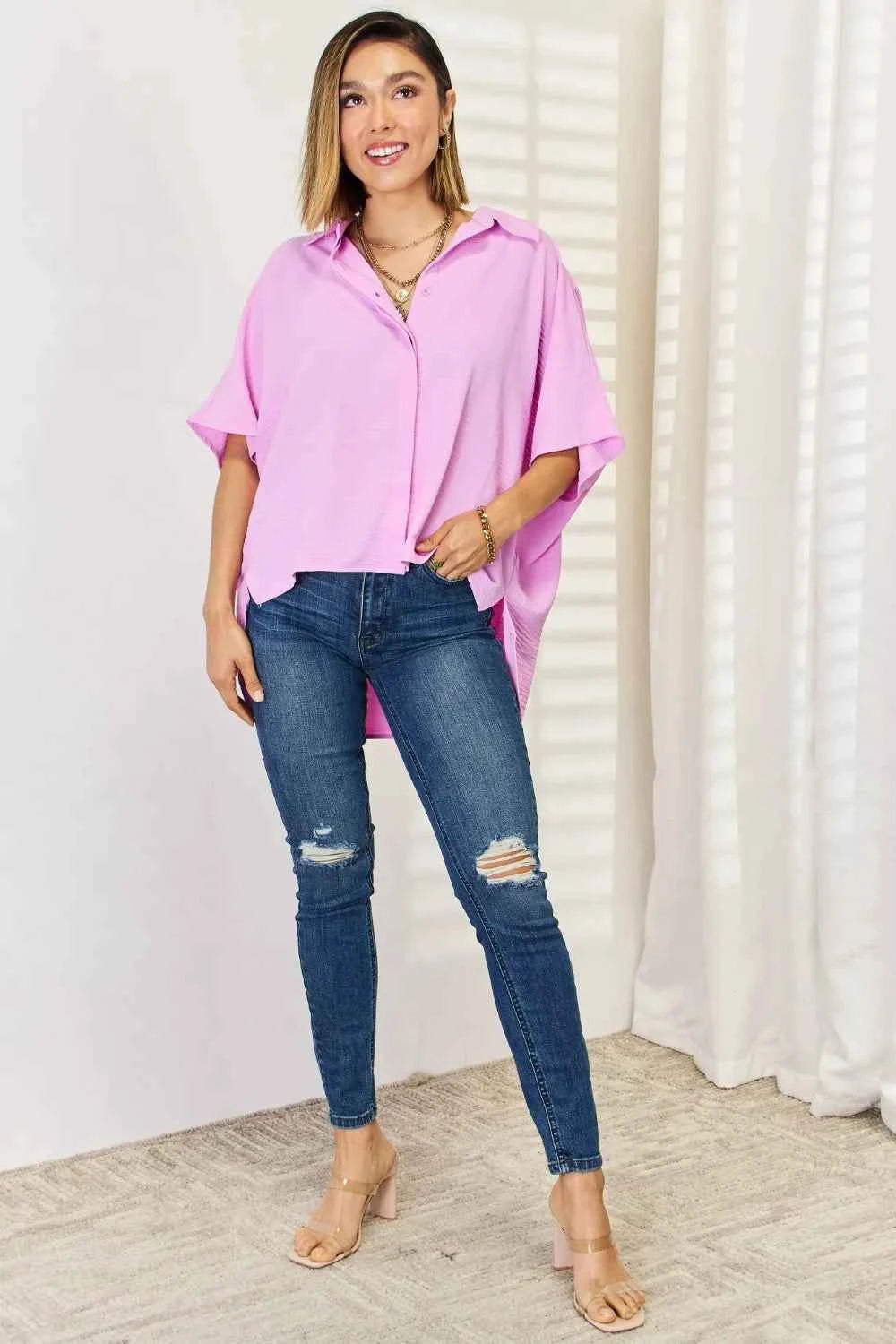 Zenana Texture Button Up Short Sleeve High-Low Shirt b71da5e9-69b6-46fc-993b-03d815d1264a-Max