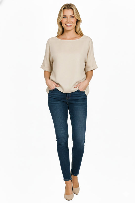 Zenana Linen Round Neck Cuffed Sleeve Top b71fc59a-87ec-4c90-918f-2ea697d96e9d-Max
