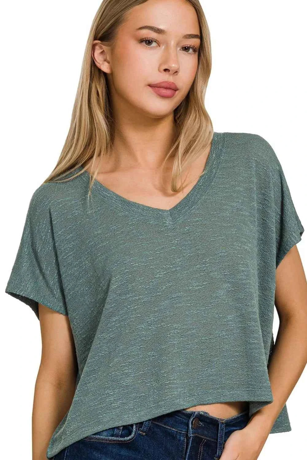 Zenana Hacci Slub V-neck Drop Shoulder Crop Top ASH JADE b71fd916-3227-487e-8120-473a7aefe09f-Max-Origin