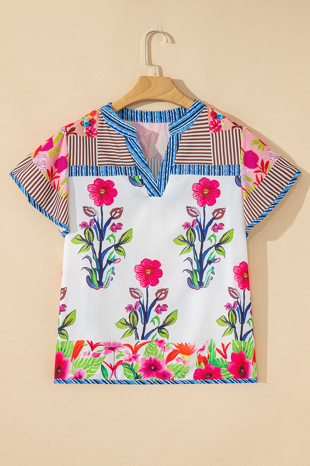 Pink Floral Striped Patchwork Short Sleeve Split Neck Blouse b725429c54e7fa54