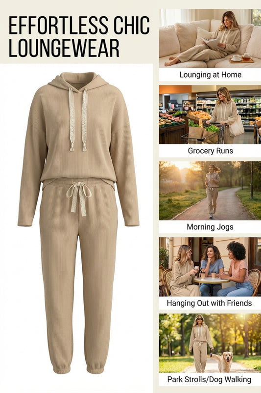 Jet Stream Lace Drawstring Pullover Hoodie and High Waist Pants Corduroy Suit b730933376e6d3a3