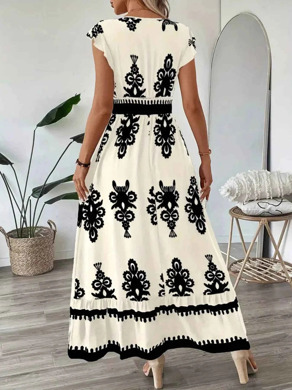 Printed V-Neck Ruffled Cap Sleeve Dress b73182d89c12457db8fbdde27fb821c8-Max-Origin