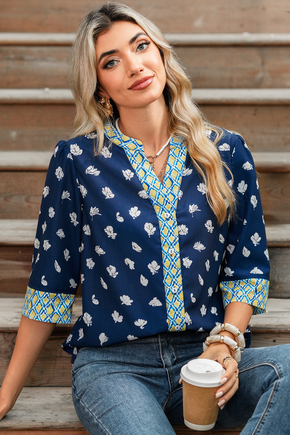 Blue Floral Print Pop of Color V Neck Patchwork Blouse b73303486b4f5616