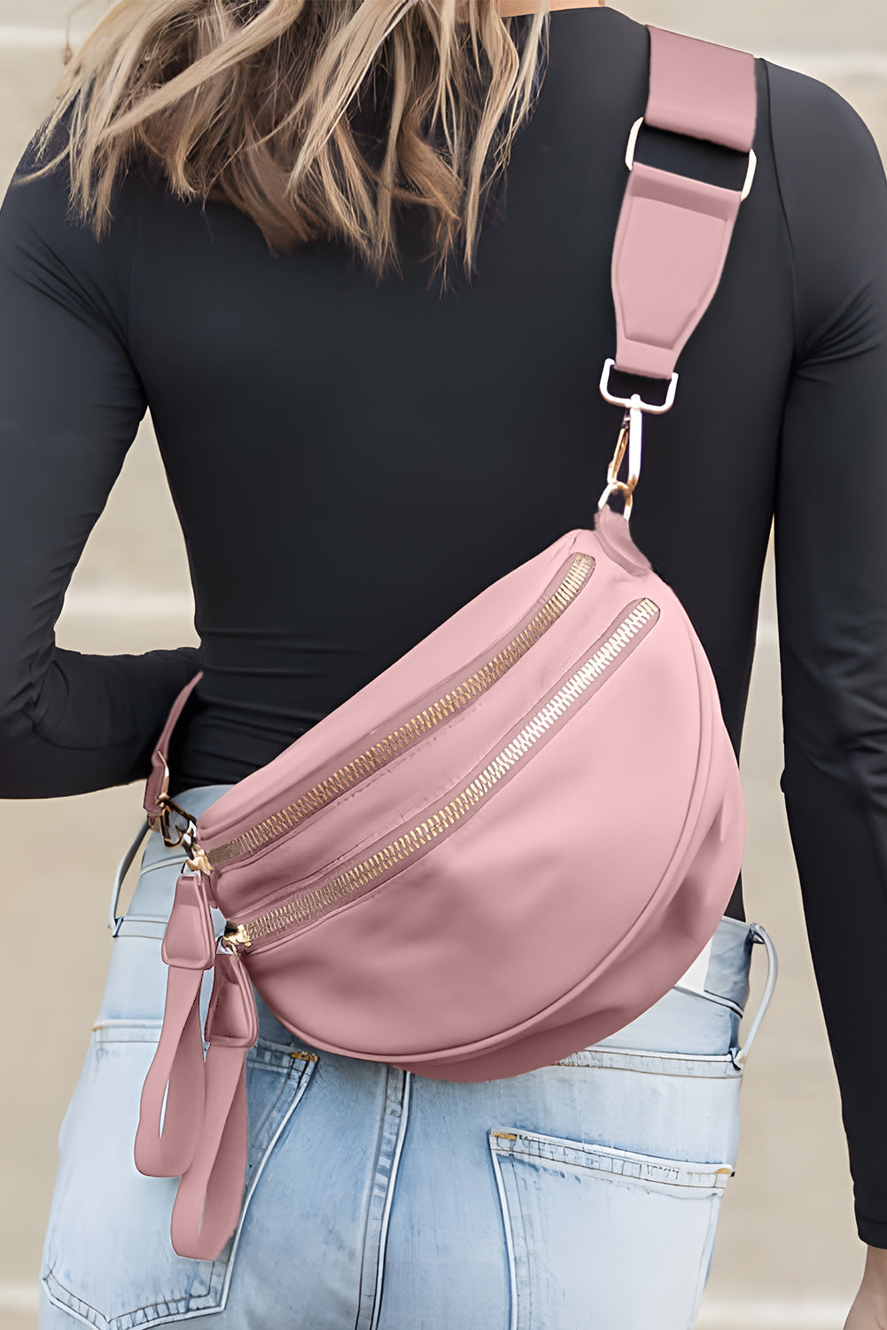 Bright Pink Strap Double Zipper Crossbody Bag b73cbaa10610b391