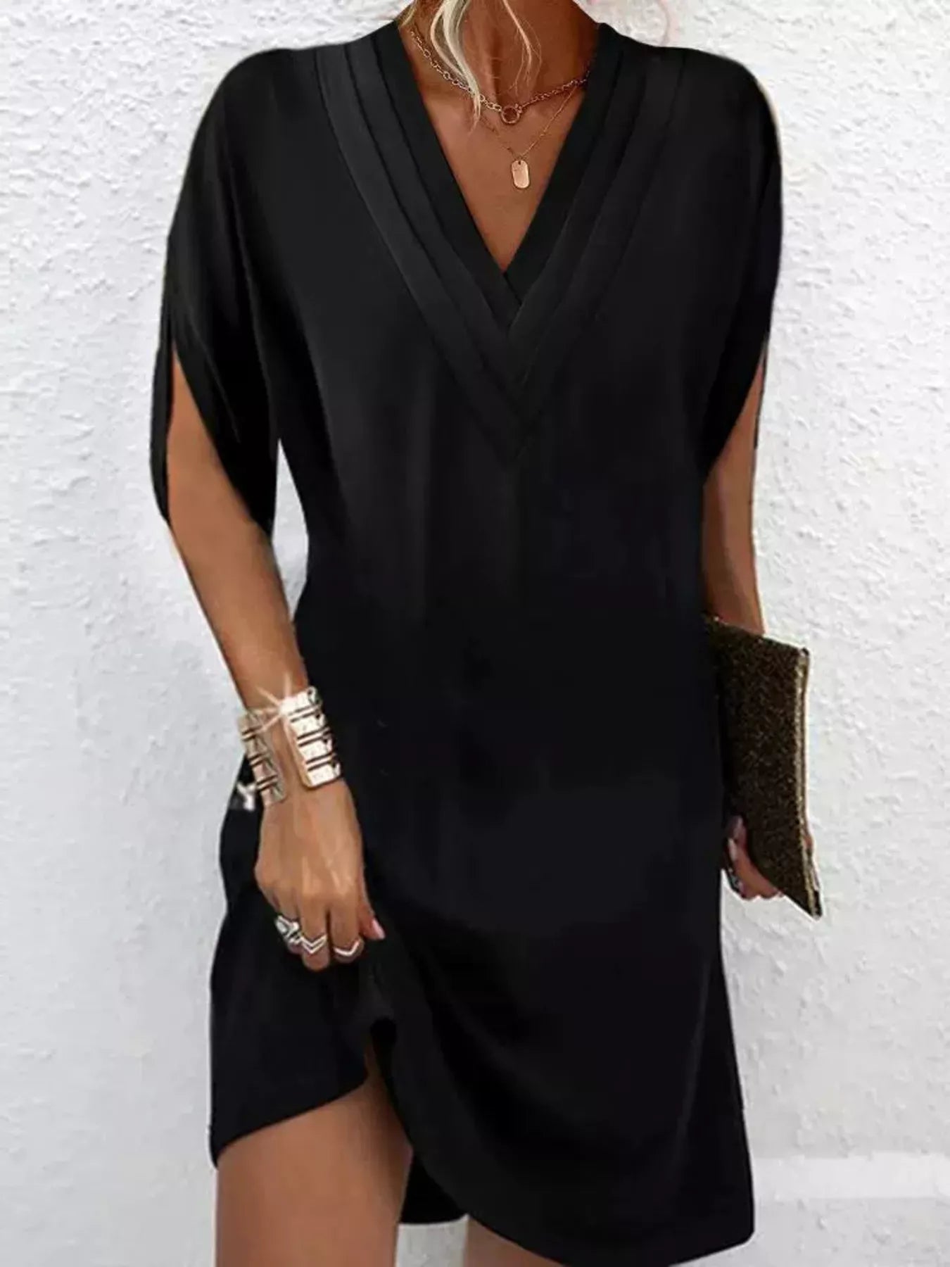 Full Size V-Neck Slit Sleeve Mini Dress Plus Size Black b73fd6a0665e4f3e8a0683d8a1d3fda5-Max-Origin