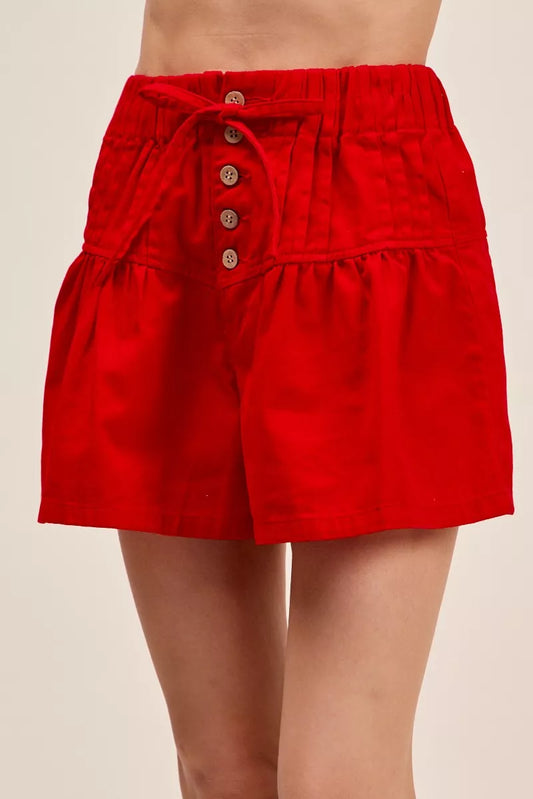 Solid Twill Denim Pintucked Buttoned Shorts With Waist Tie b7440376-3395-4908-9c71-23250637441c-Max-Origin