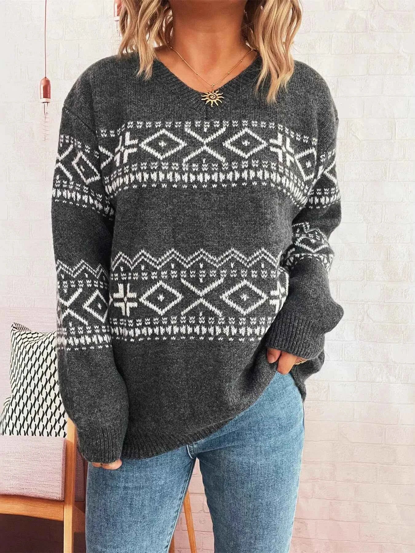 Geometric Dropped Shoulder Long Sleeve Sweater b747a1a82bc44634ad3ad88da97e87d8-Max-Origin