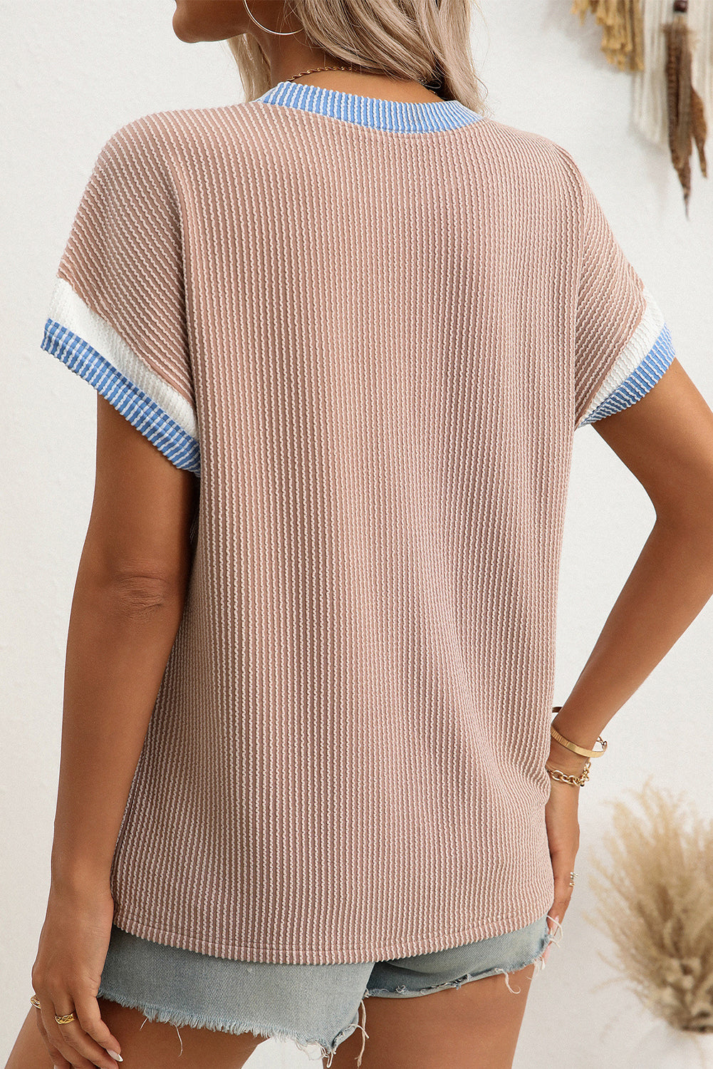Dark Blue Colorblock Trim Corded Rib T Shirt b7499029227e5069