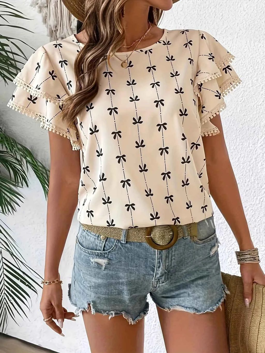 Bow Print Flutter Sleeve Blouse b74ee7d0998049949d564c703187c6e0-Max-Origin