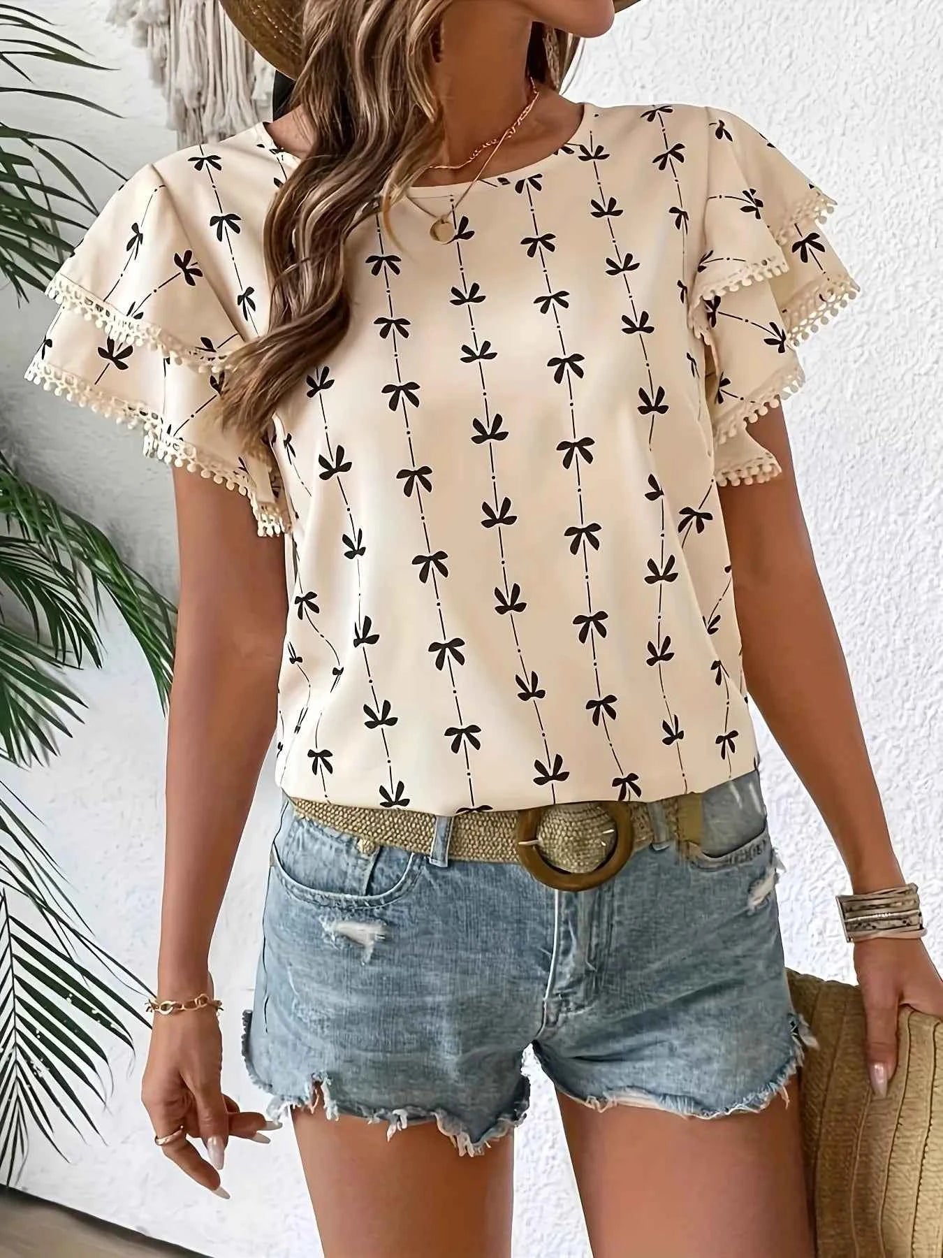 Bow Print Flutter Sleeve Blouse b74ee7d0998049949d564c703187c6e0-Max-Origin